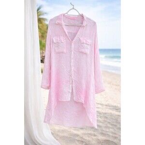 CP Shades Hand Dyed Pink/White Tunic Shirt Dress Sheer Rayon Cover Up M USA Boho